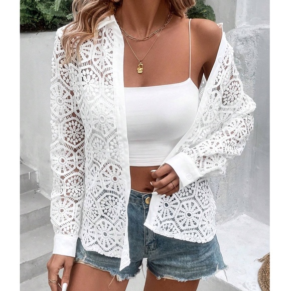 Boho Floral lace Button Down Loose Fit Top - Picture 2 of 6